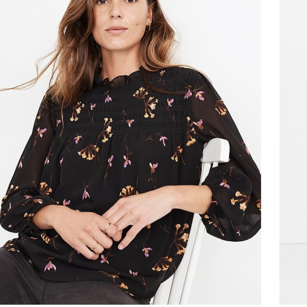 Madewell Georgette Ruffle-Collar Smocked Top in Falling Freesias